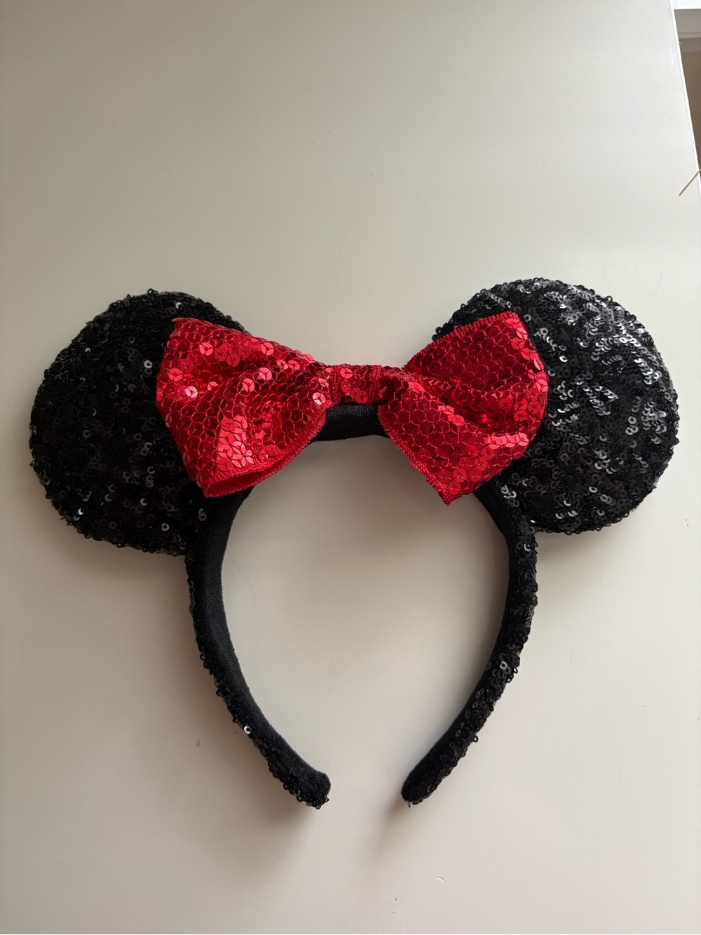 Disney World Sequin Minnie Mouse Ear Headband with Red Bow